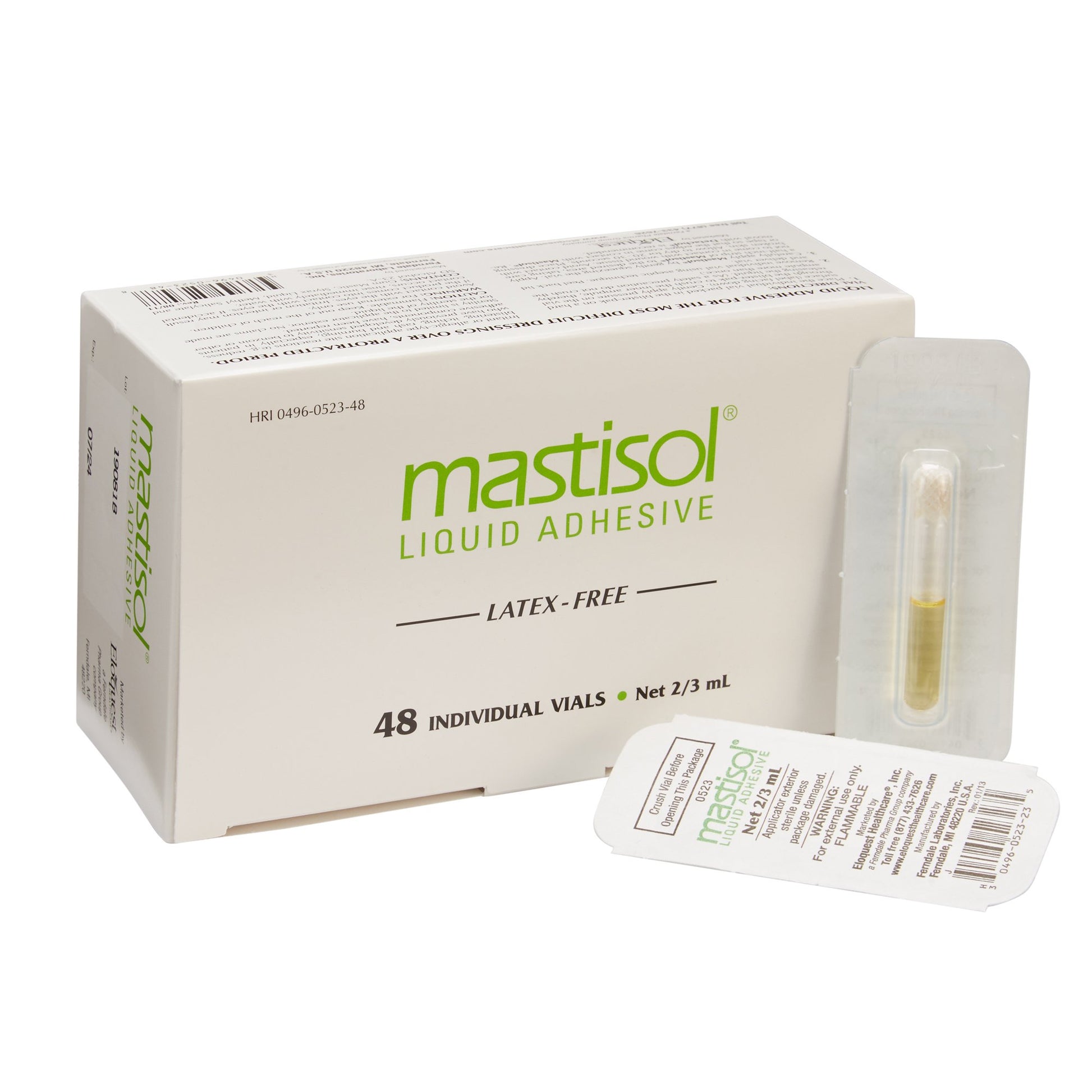 a box of mastisol liquid adhesive latex-free. 48 individual vials in 1 box.