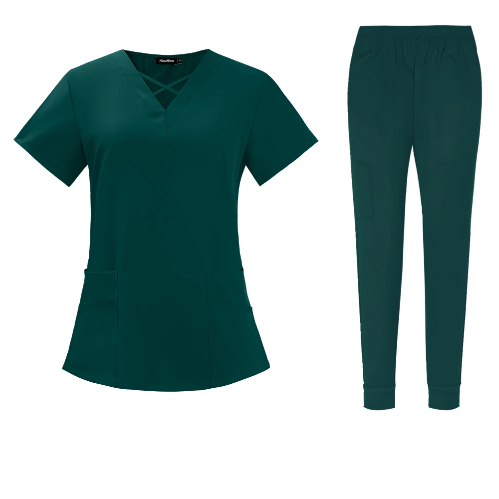 criss cross neck design scrub top with jogger style scrub pants scrub set dark green