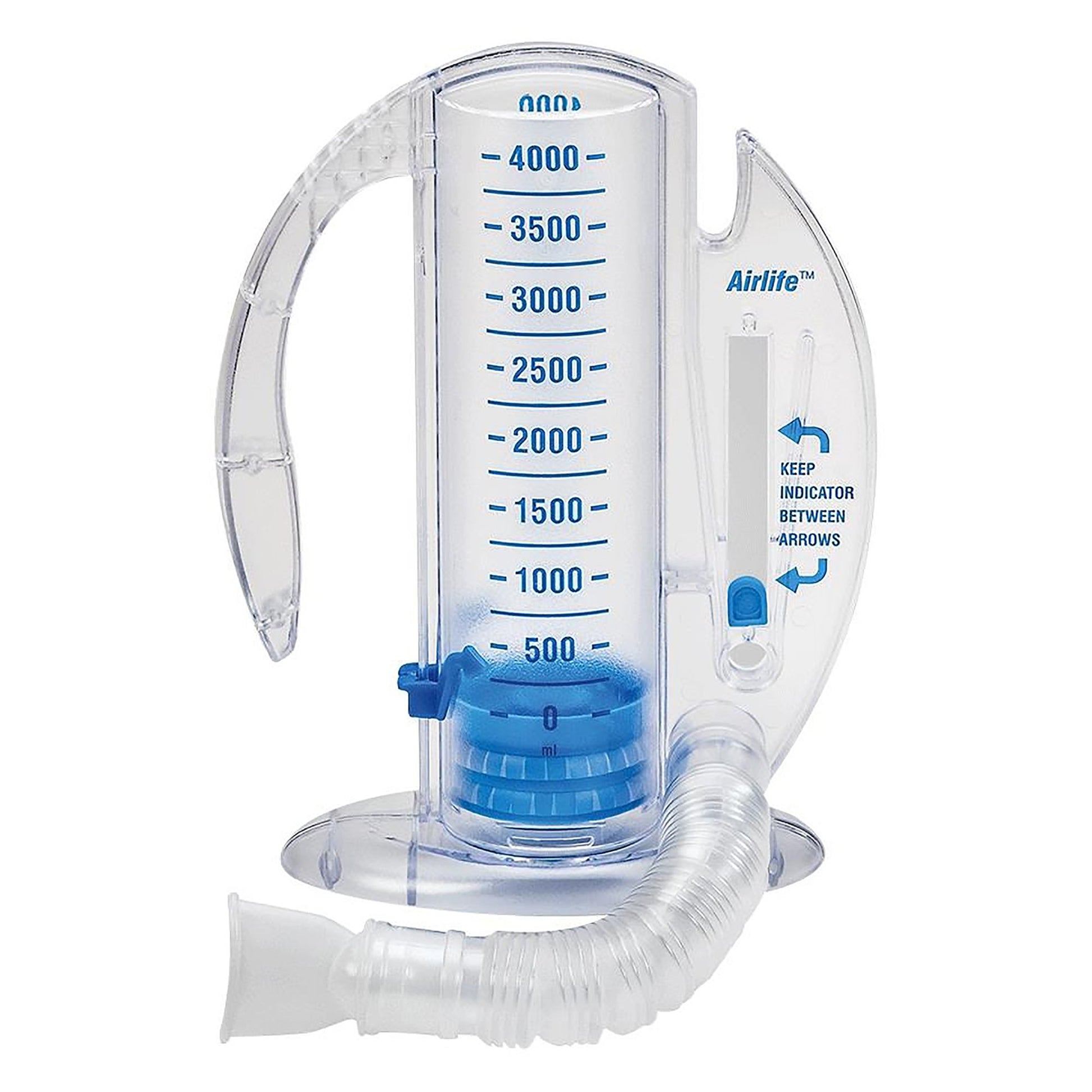 Spirometer with indicator window, handle, mouthpiece wit tubing, and increment markings up to 4000ml. 