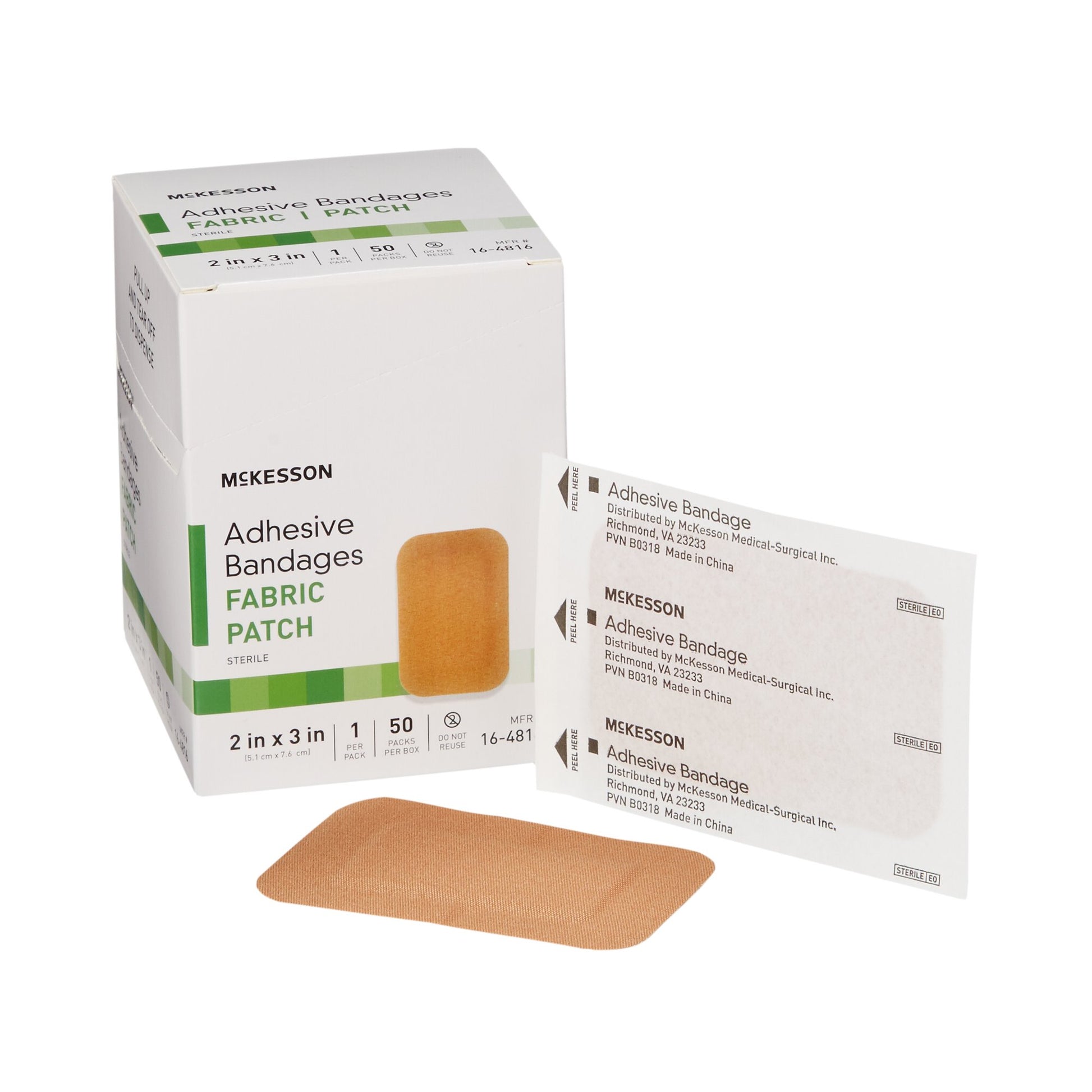 a box of mckesson adhesive bandage. Beige. 2 in x 3 in.