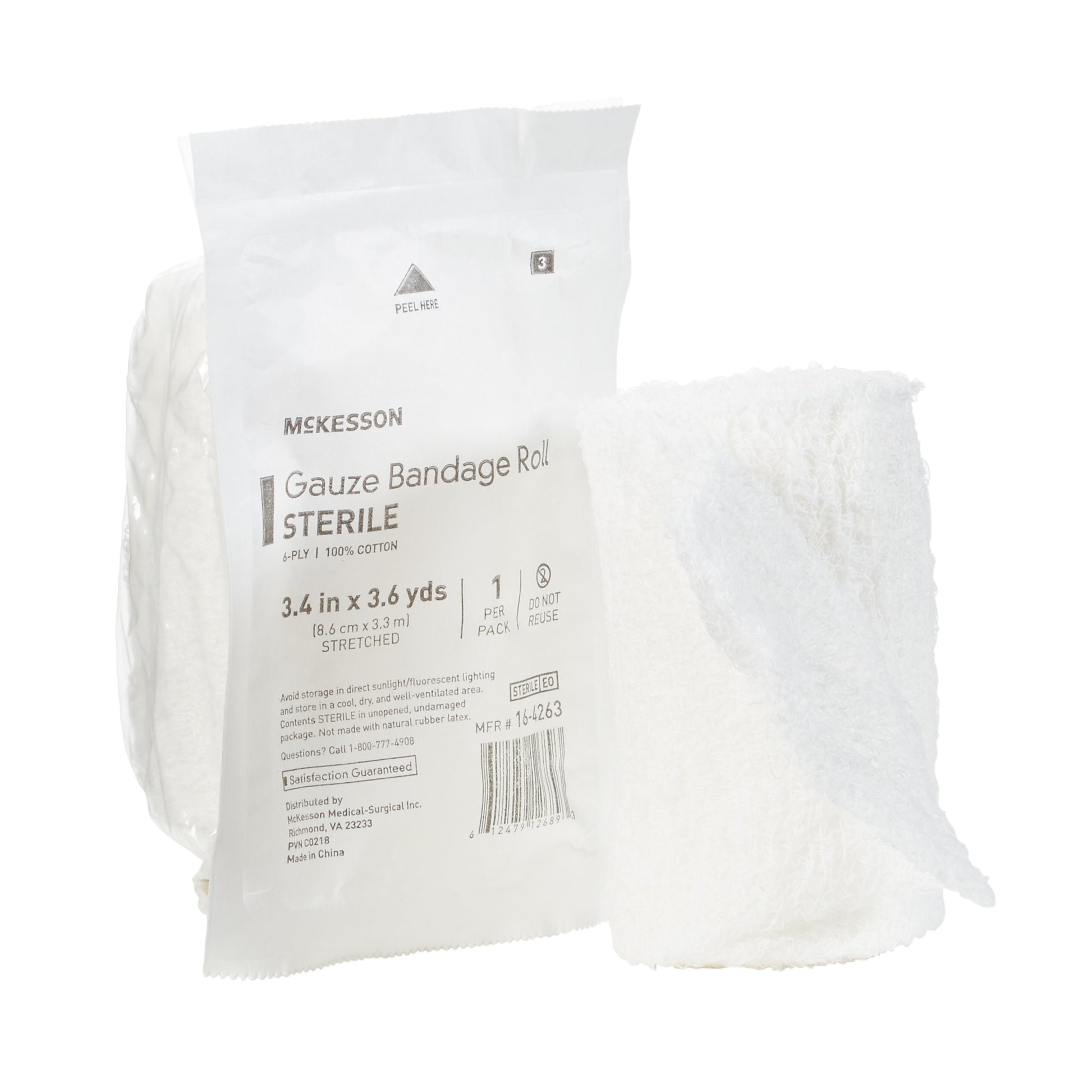 McKesson gauze bandage roll. Sterile. White. 3.4 in x 3.6 yds.