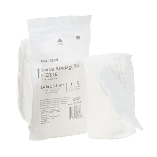 McKesson gauze bandage roll. Sterile. White. 3.4 in x 3.6 yds.