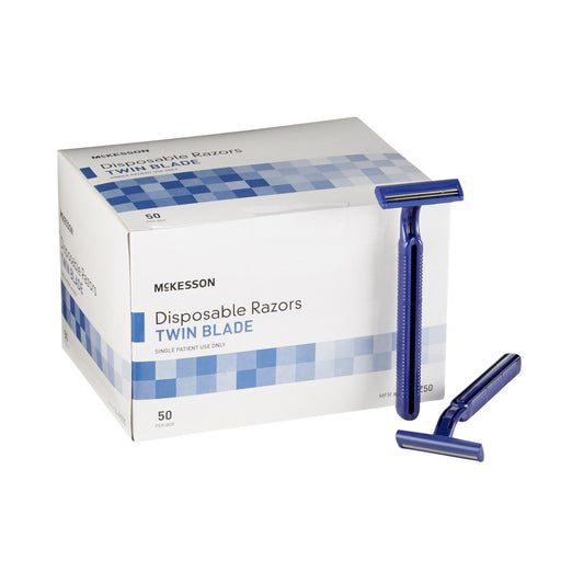 a box of mckesson disposable razors twin blade. 50 count per box. blue razor.