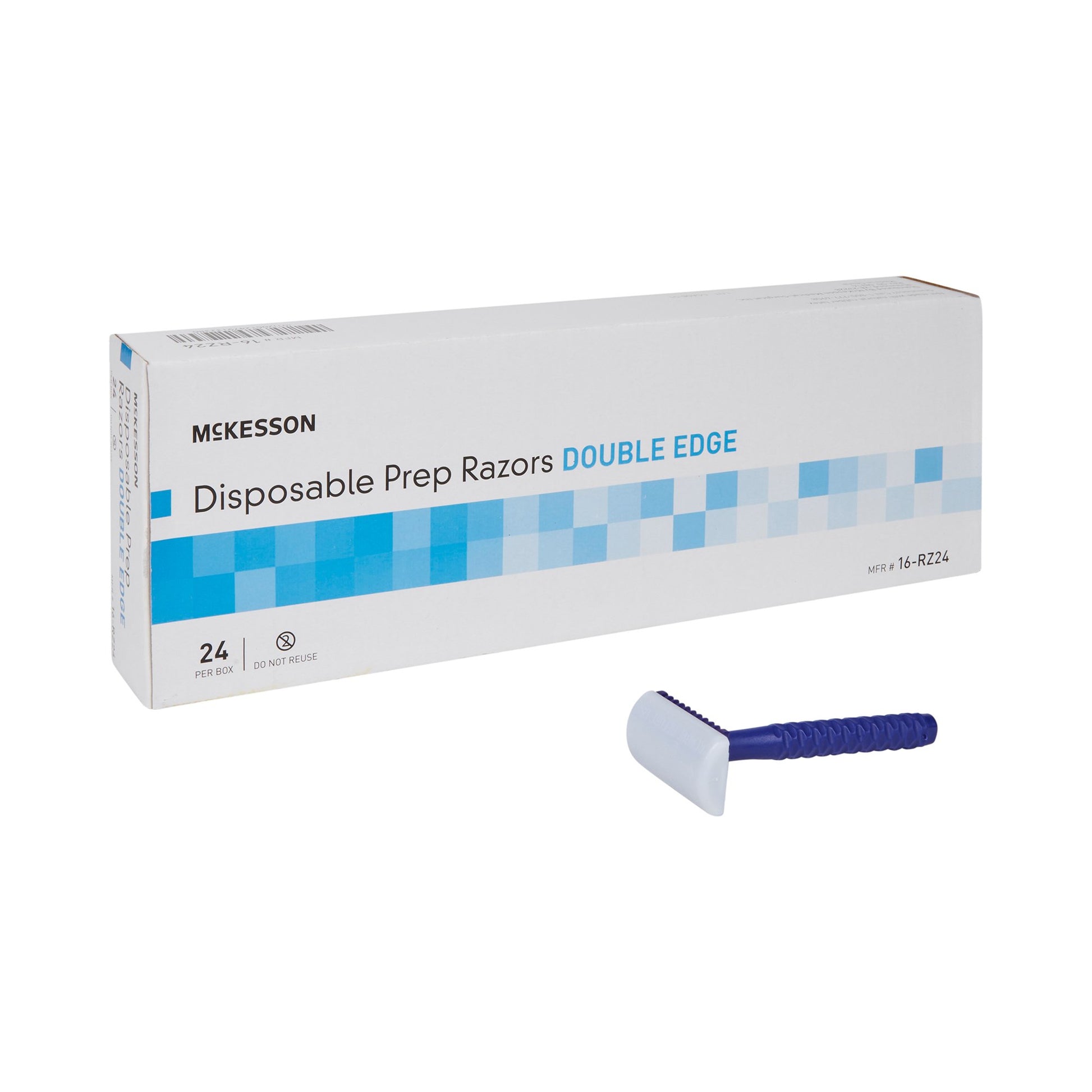 a box of mckesson disposable prep razors double edge. Blue razor with white cap.