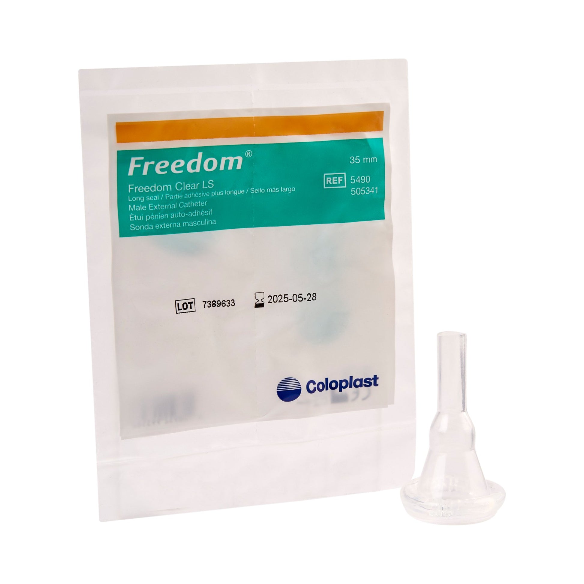 A packet of Freedom Clear LS Male external Catheter . Transparent