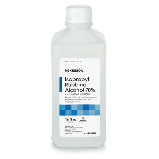 a bottle of mckesson isopropyl rubbing alcohol. 16 fl oz bottle.