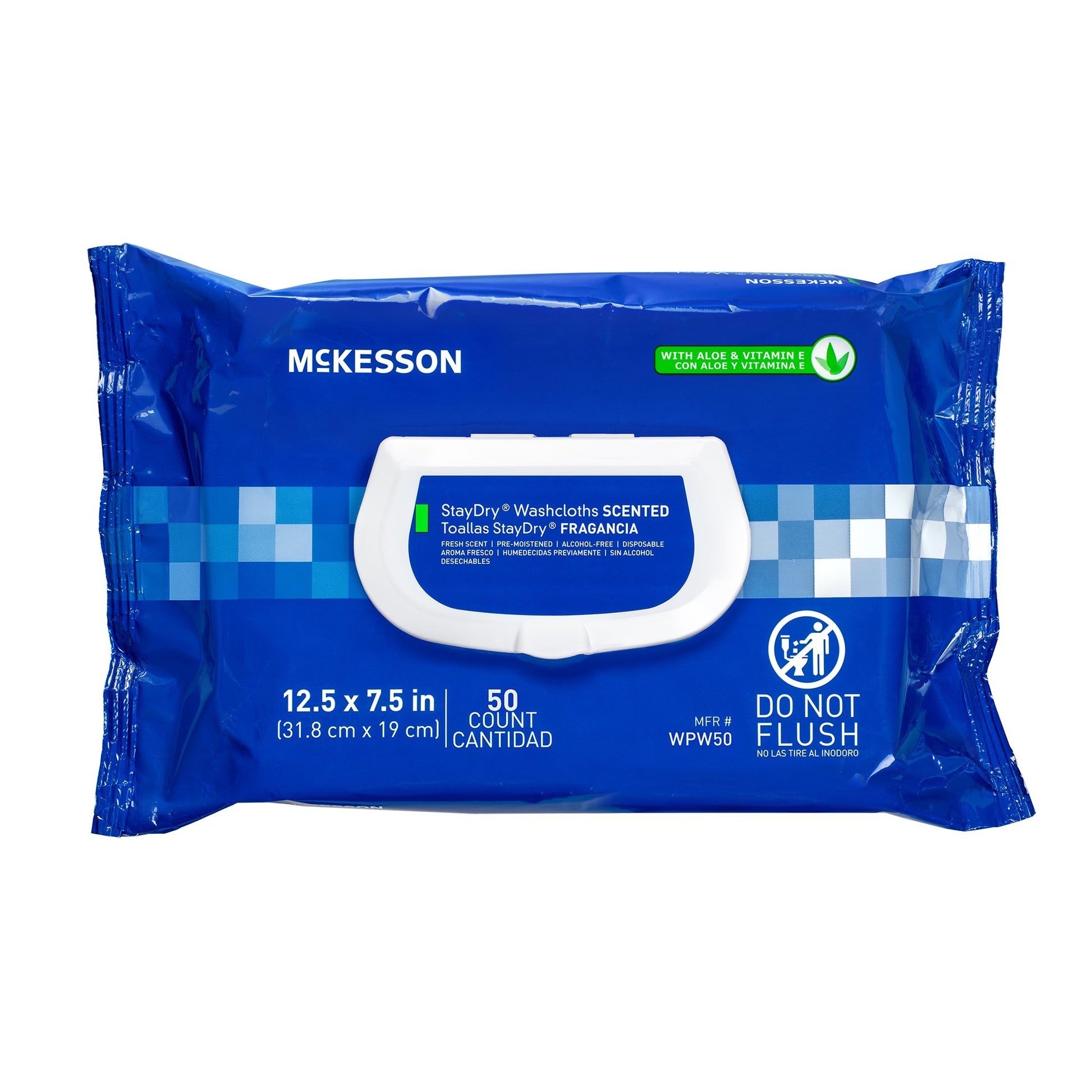 mckesson staydry washclothes scented. do not flush. 12.5x7.5in. 50 count per pack.