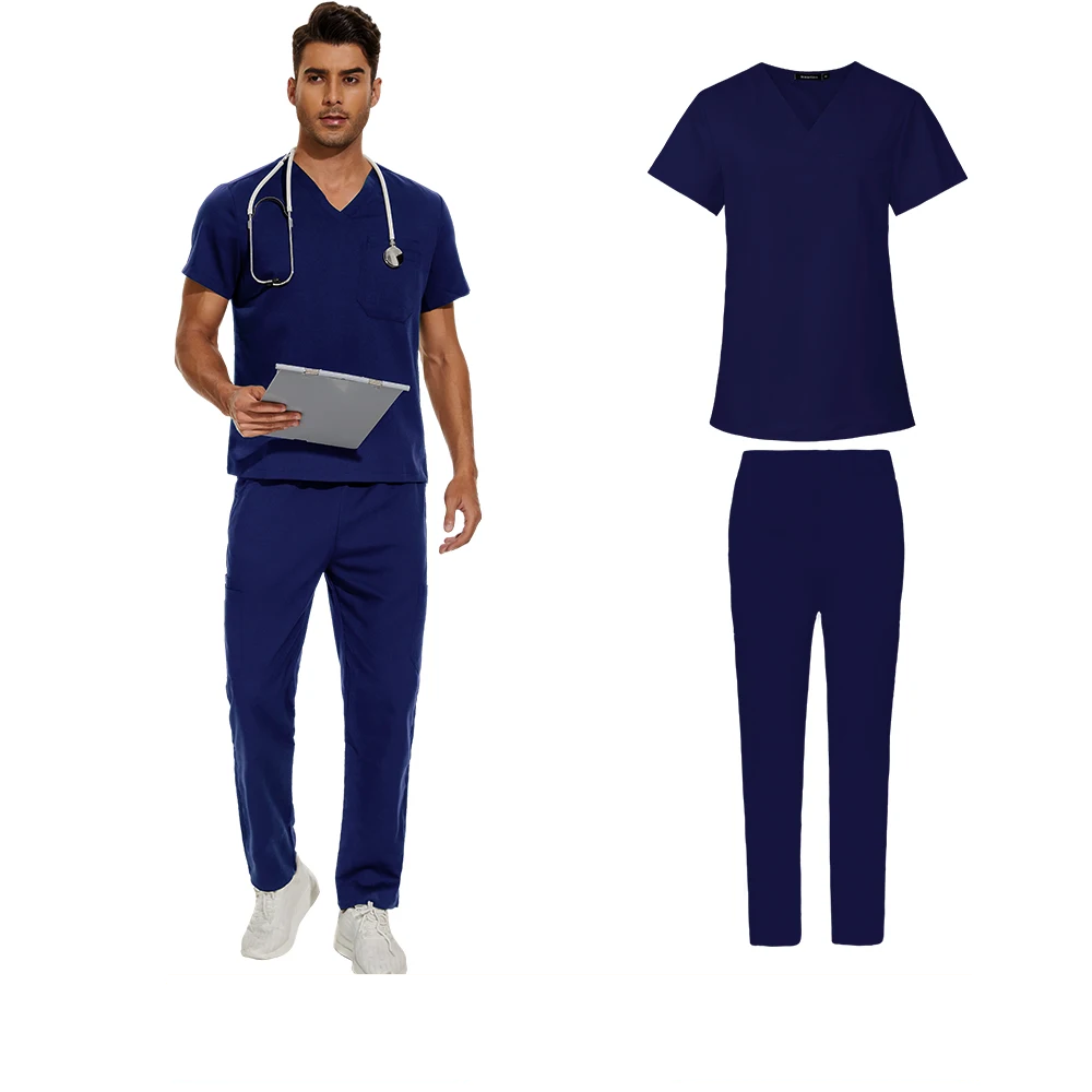 navy blue men's scrub set v-neck scrub top, straight leg pants