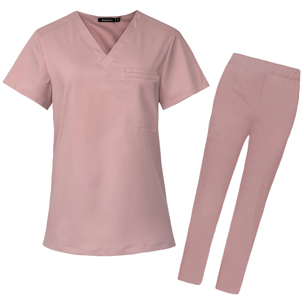 pink men's scrub set v-neck scrub top, straight leg pants