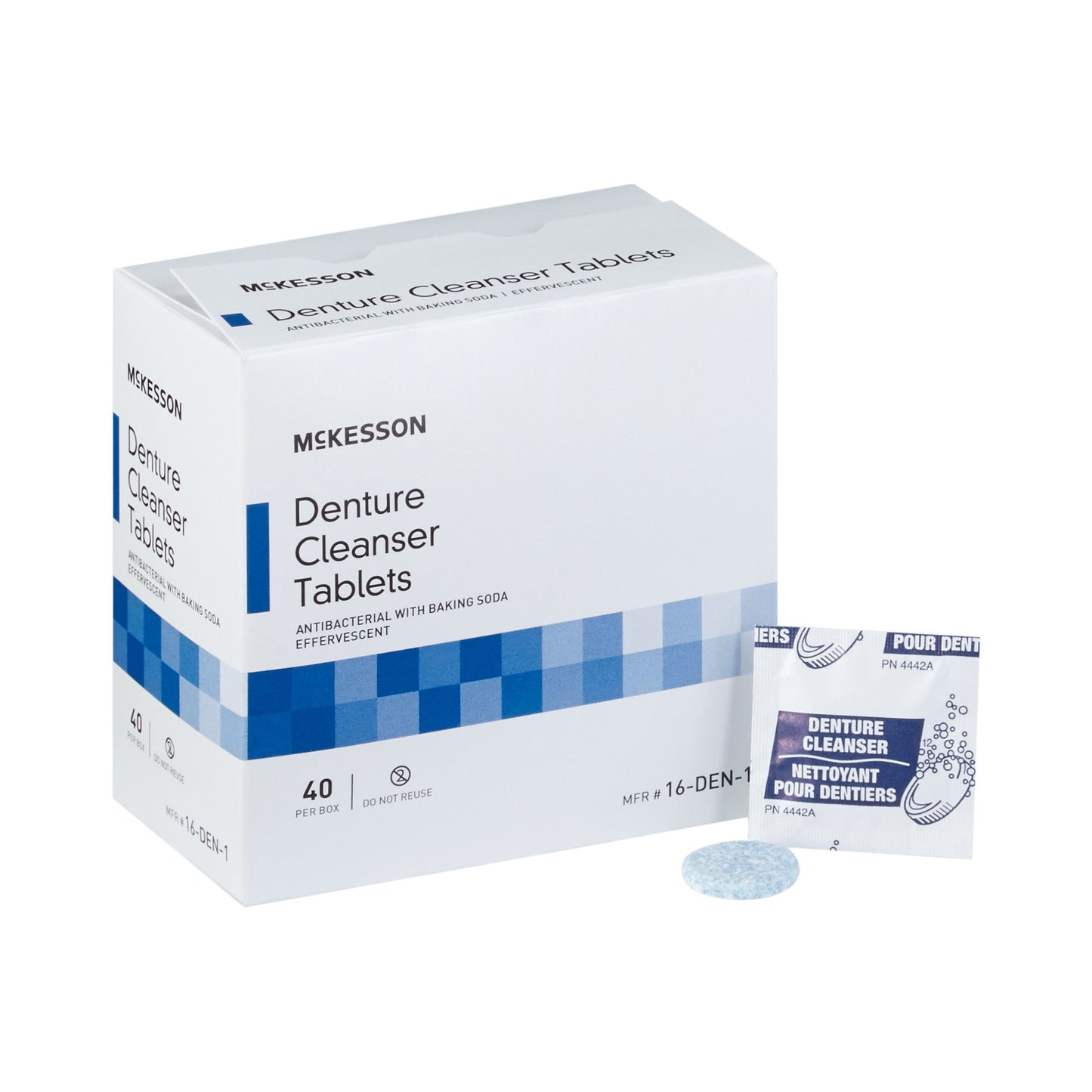 a box of mckesson denture cleanser tablets. Individually packaged. Blue circular tablet.