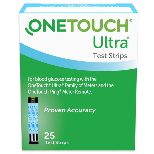 green box of onetouch ultra test strips. 25 test strips per box.