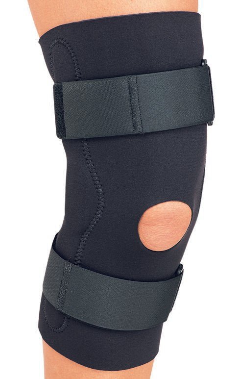 Knee brace with an opening on the top of the knee. Vecros on top and below knee.