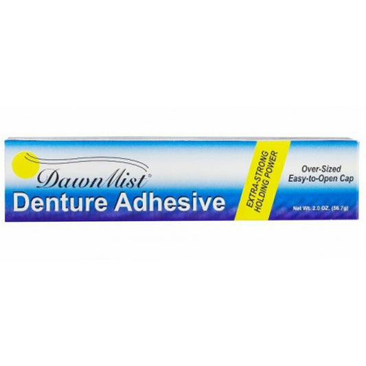 a bottle of DawnMist Denture Adhesive over-sized, easy to open cap, extra-strong holding power. 2oz