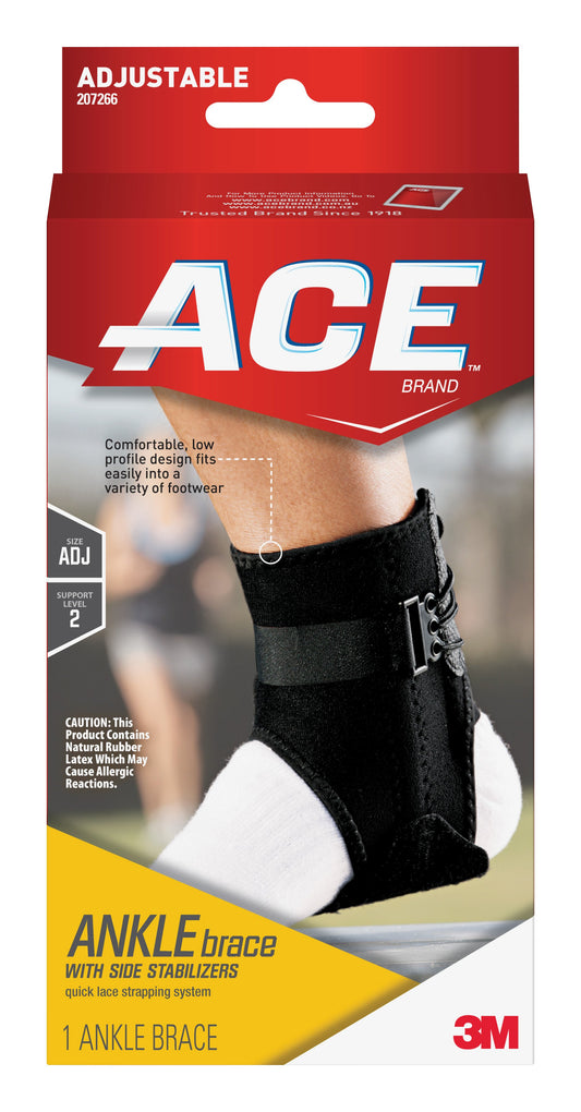 ankle brace with side stabilizers, quick lce strapping system ACE brand. Low profile design.