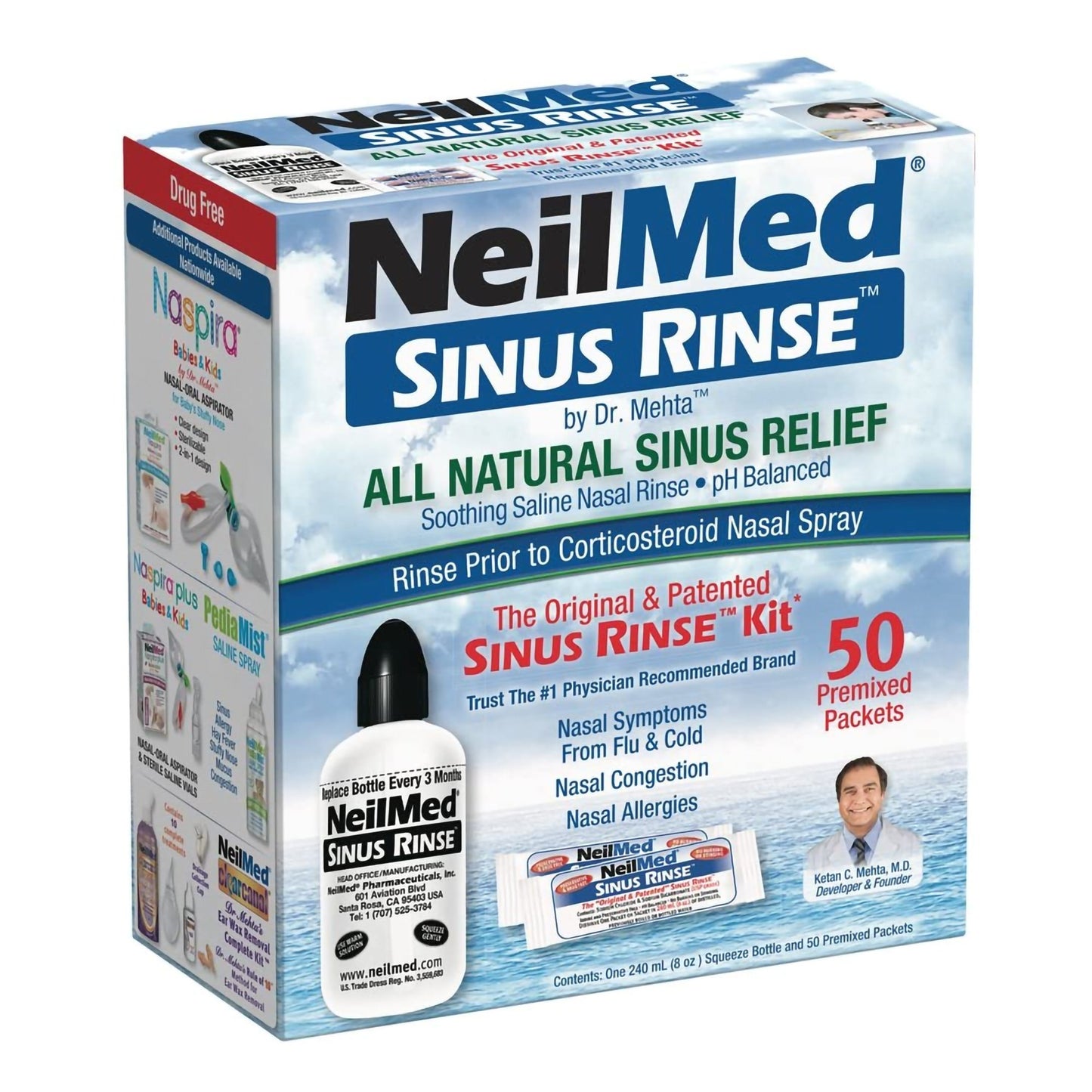 A box of NeilMed Sinus Rinse with a bottle and sinus rinse packets