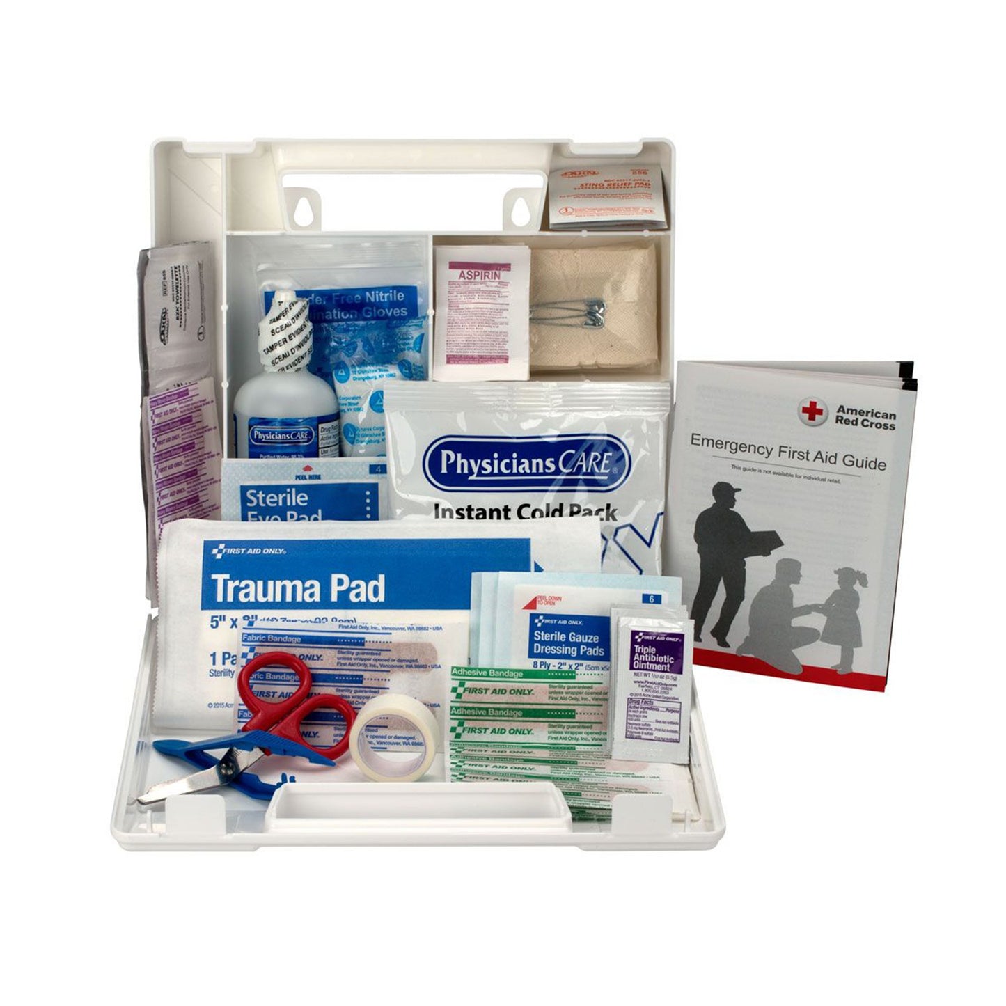 First aid kit with scissors, medical tape, triple antibiotic ointment, cold pack, eye pad, eyewash, bandaids, plastic twizzers