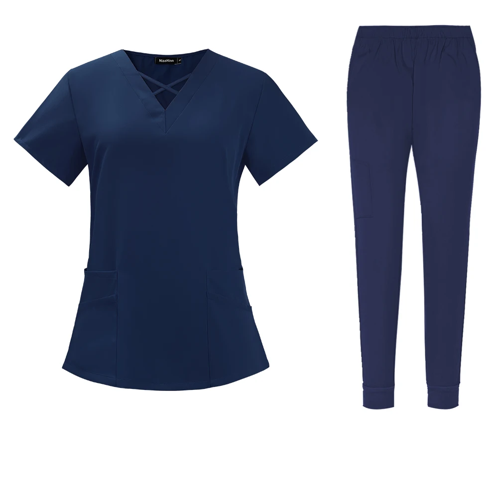 criss cross neck design scrub top with jogger style scrub pants scrub set navy blue