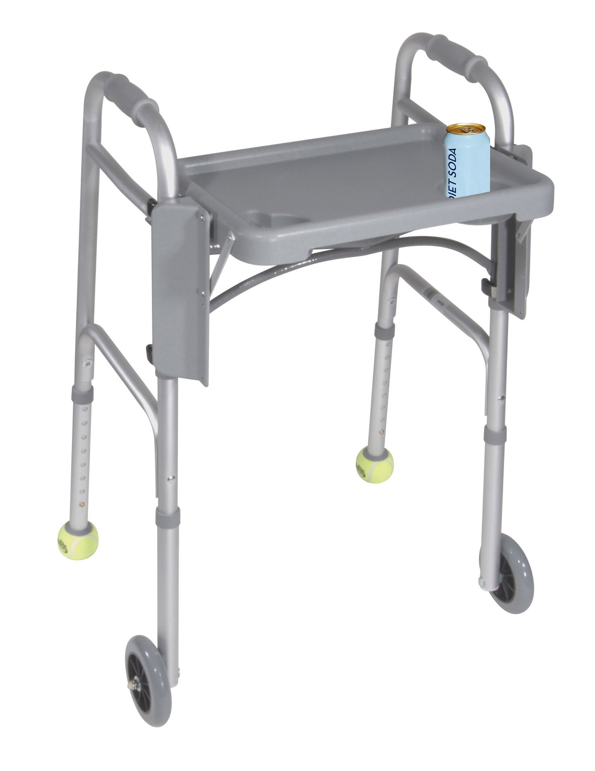 a walker with a gray tray attached to walker. Walker tray with 2 cup holders.