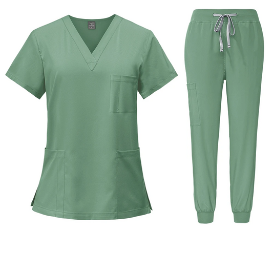 Mint Green Scrub Set - V-Neck scrub top and jogger-style pants with elastic waistband and adjustable drawstrings.