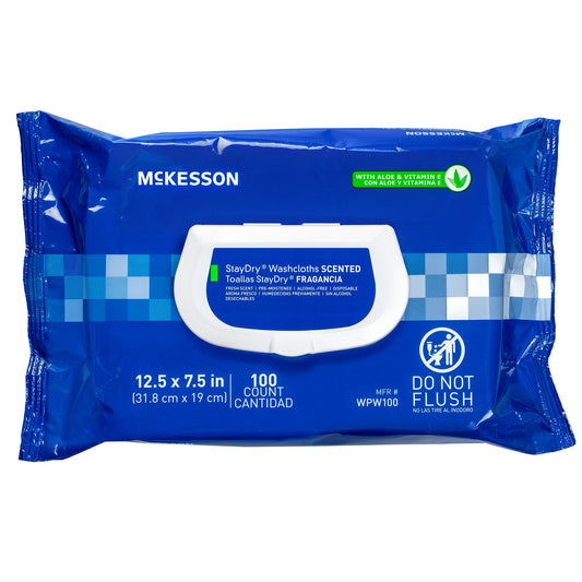 mckesson staydry washclothes scented. do not flush. 12.5x7.5in. 100 count per pack. 