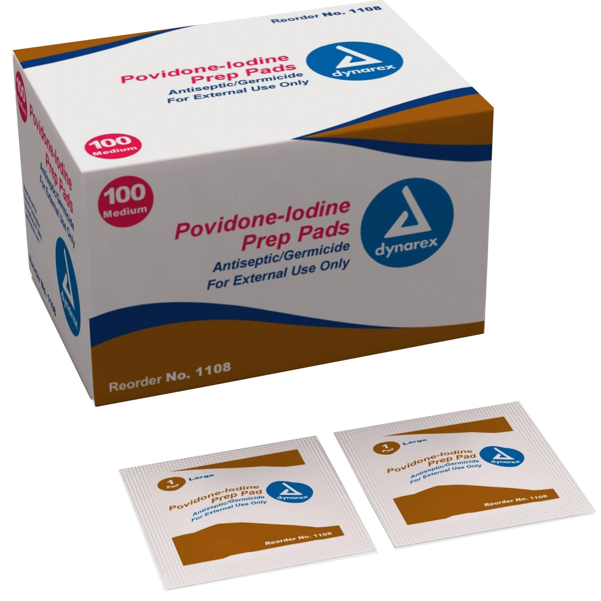 a box of povidone-iodine prep pads. antiseptic/germicide. 100 count, medium size.