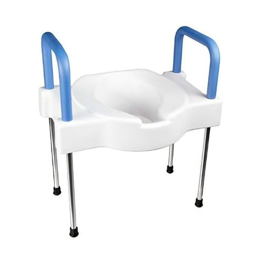 raised toilet seat with handrails and raised legs