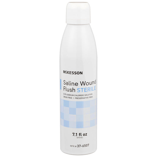 a white bottle with cap. mckesson saline wound flush sterile. 7.1 fl oz bottle