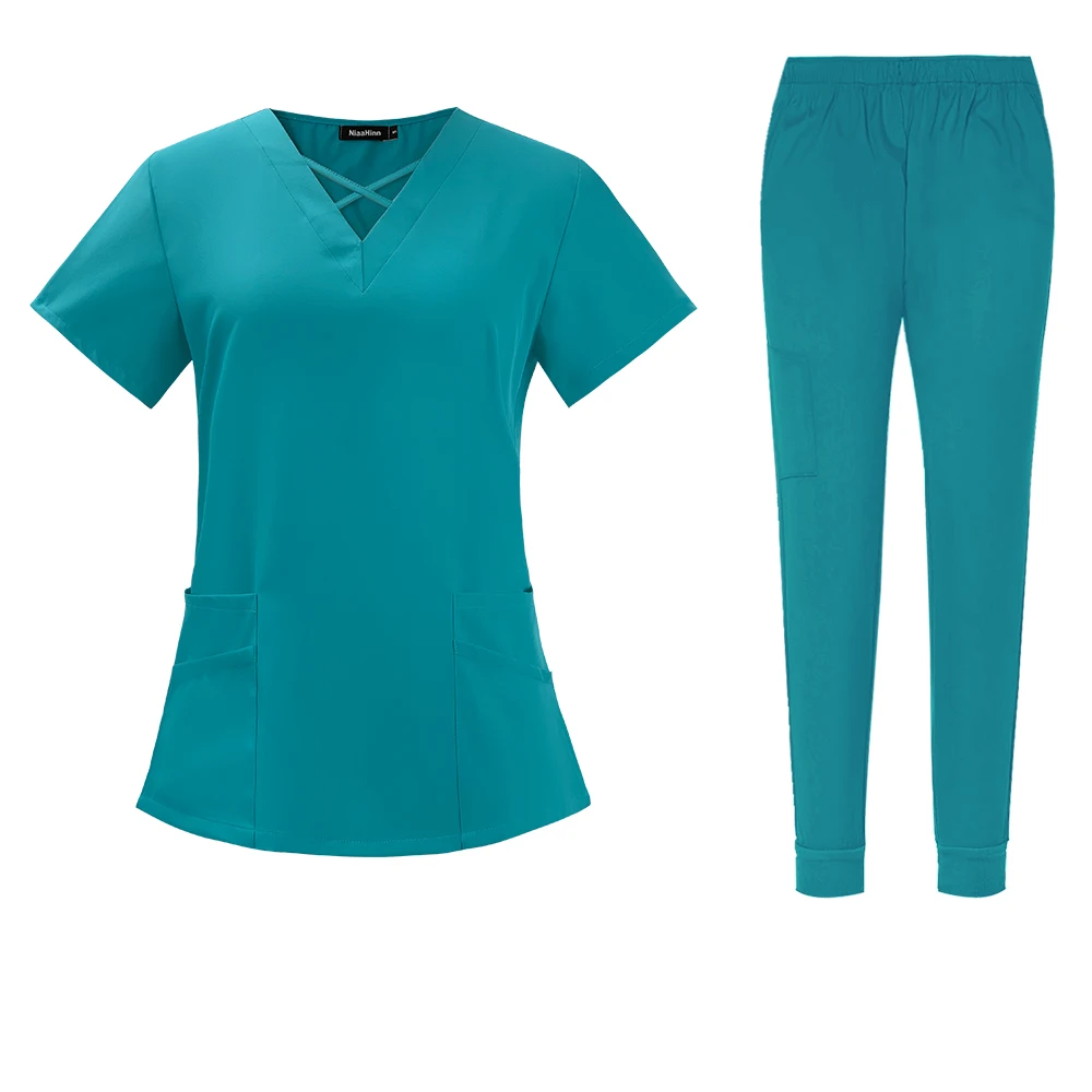 criss cross neck design scrub top with jogger style scrub pants scrub set teal