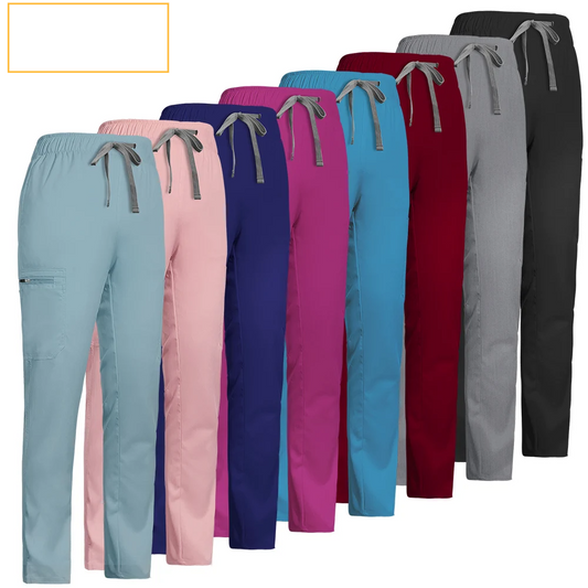 Scrub Pants in a variety of colors: light blue, pink, navy blue, rose red, blue, burgundy, gray, black. Slim leg pants. Elastic waistband with adjustable drawstrings.