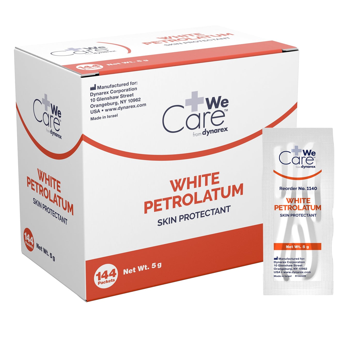 a box of wecare white petrolatum skin protectant. individually packaged. 5g packet. 144 packets per box