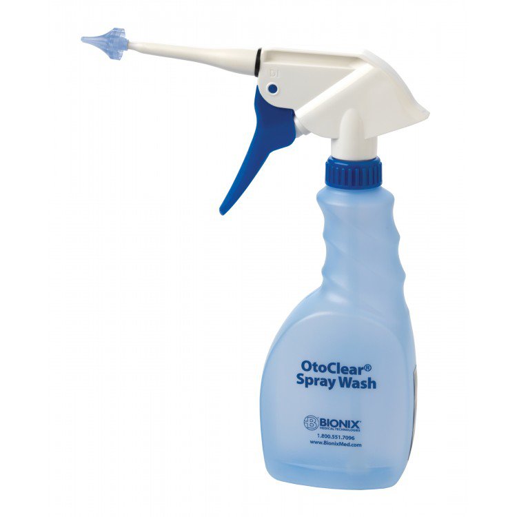 a blue bottle of otoclear spray wash ear irrigation bottle with disposable tips