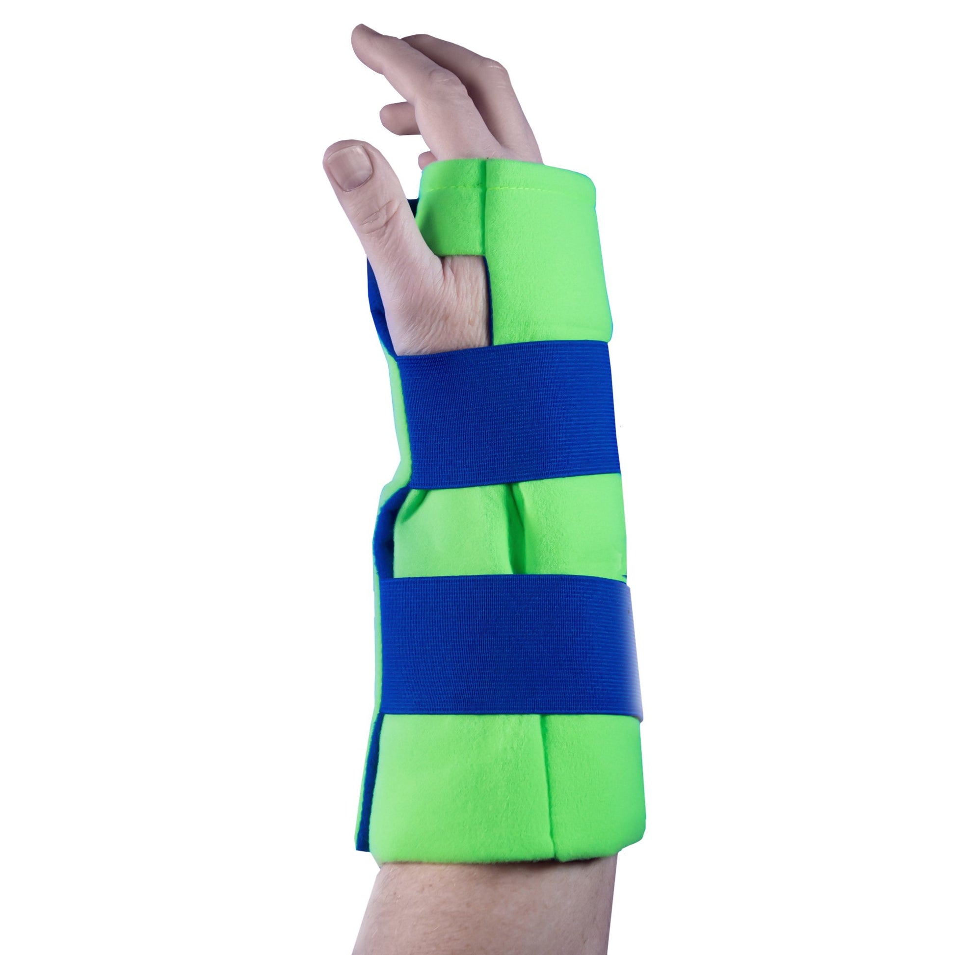 Green Cold Pack wrapped around hand and forearm with blue vecros