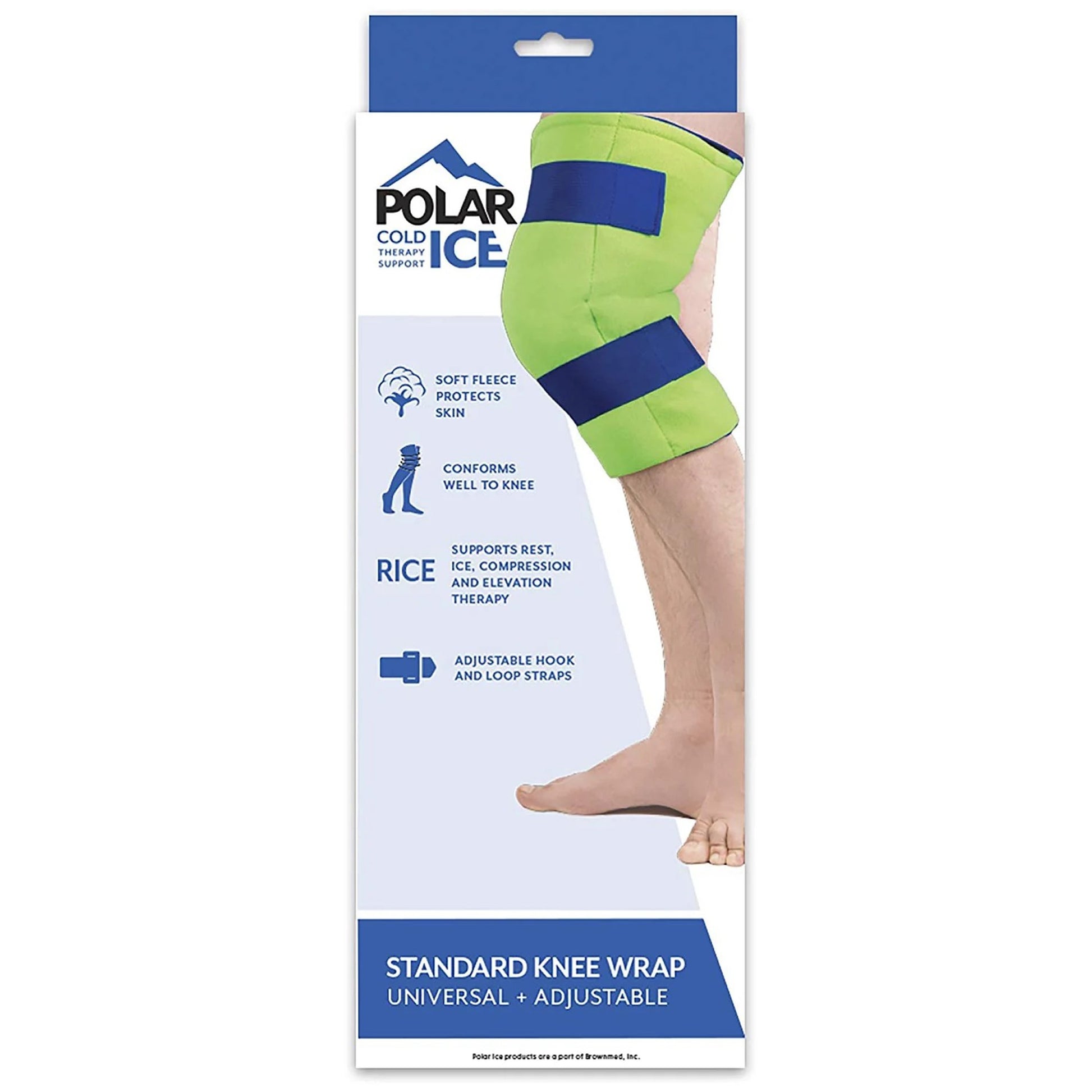 Polar Ice Green Cold Pack wrapped around knee with blue vecros