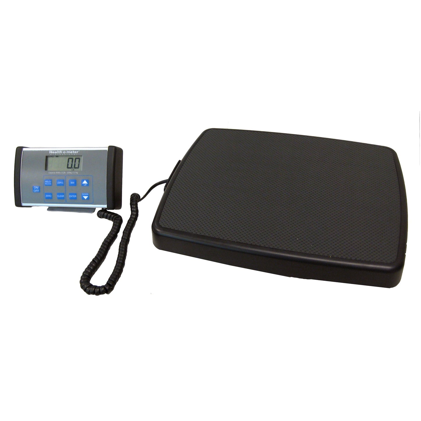 Black scale with an extendable cord that connects to the monitor for viewing weight results, zeroing the scale, and more.