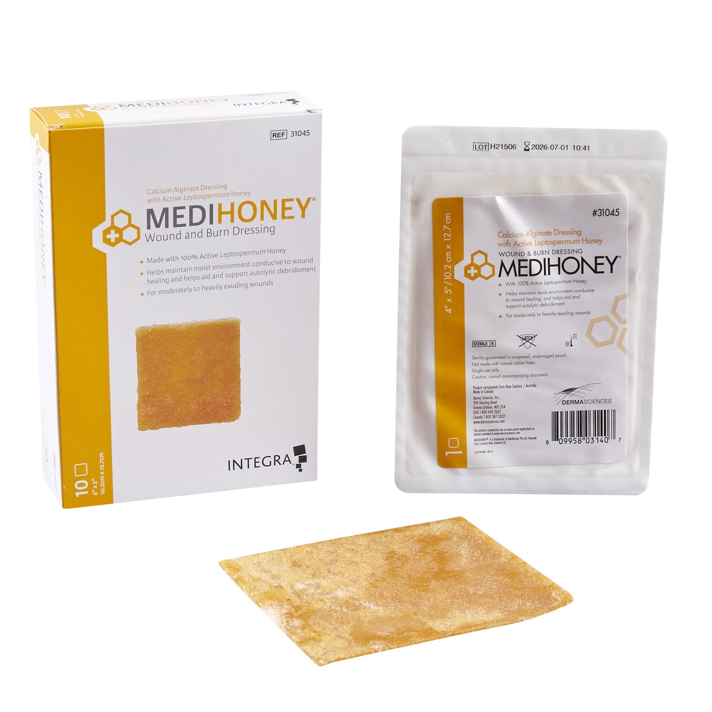 medihoney wound and burn dressing. Tan. 4 X 5 Inch