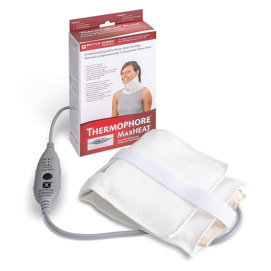 A box of thermophore maxheat heating pad on a women's neck next to a white heating pad with a remote control