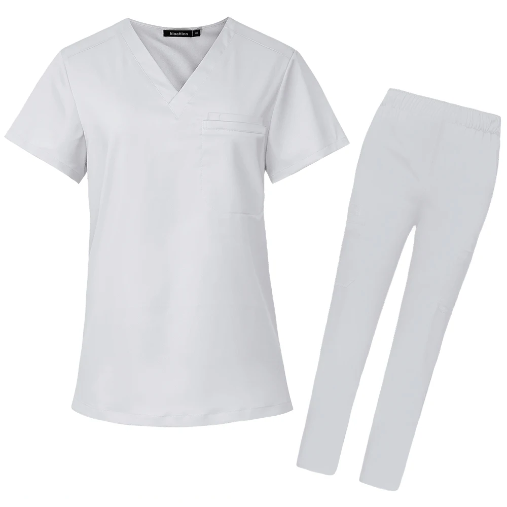 white men's scrub set v-neck scrub top, straight leg pants