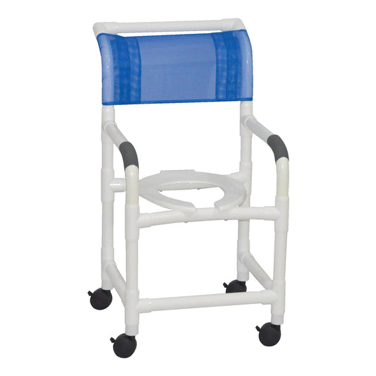 shower chair with blue mesh backrest. seat features an open toilet seat  top. 4 movable wheels with lock in capability