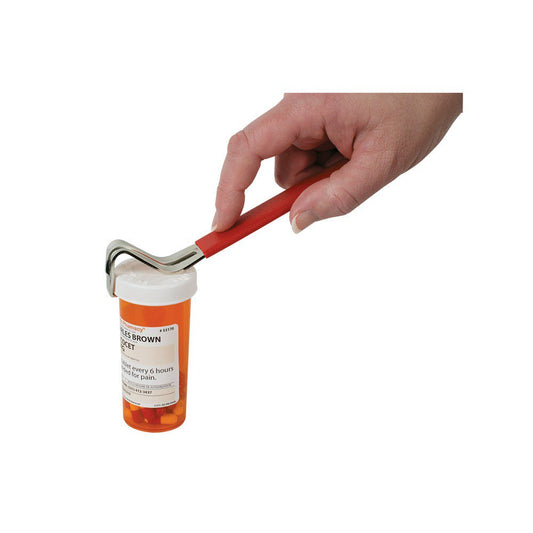 red handle with silver cap opener opening a pill bottle