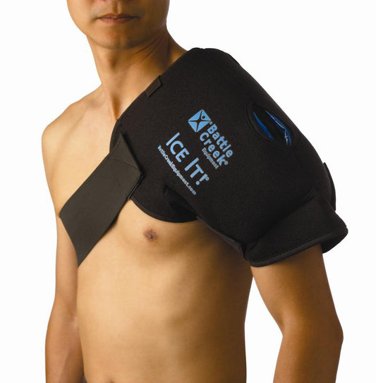 Ice It! Black Ice pack wrapped around L shoulder with strap under  R armpit.