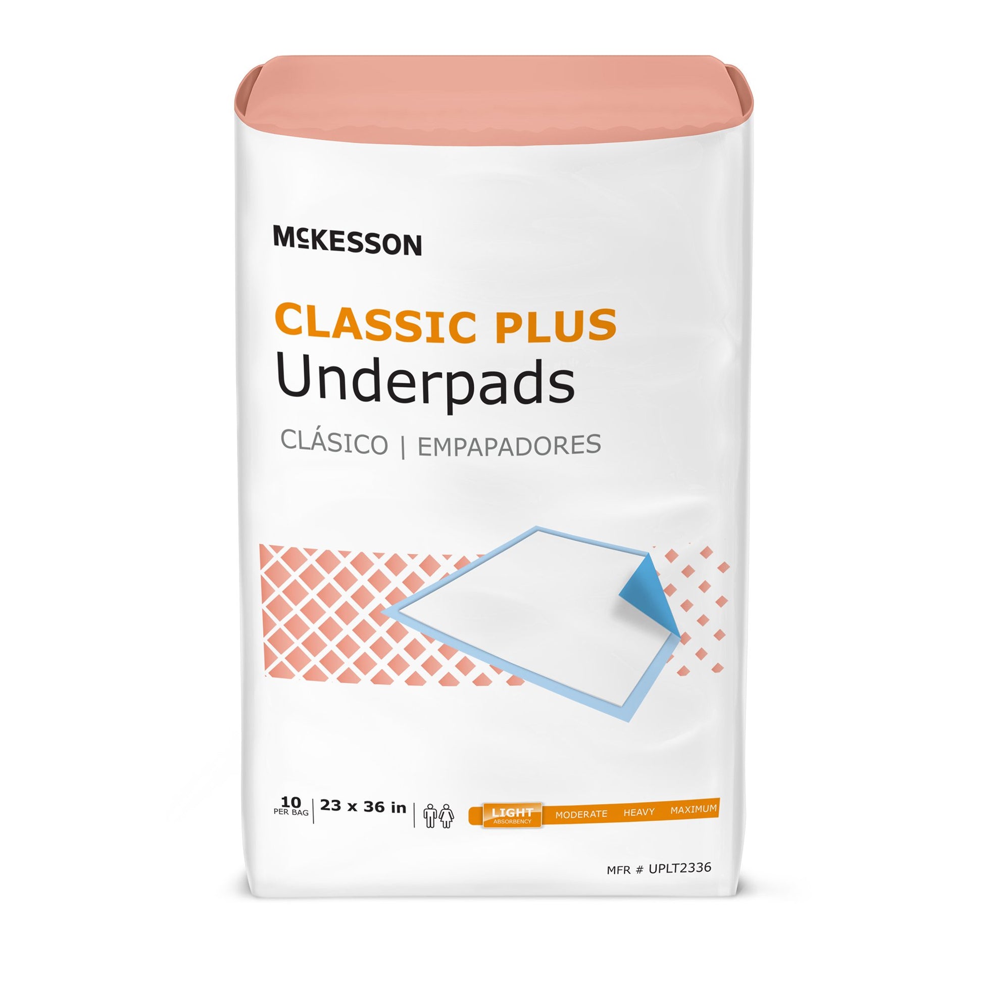 Mckesson Classic Plus Underpads 23x36in. Blue backside. Inner side with absorbent white pad with blue rim.