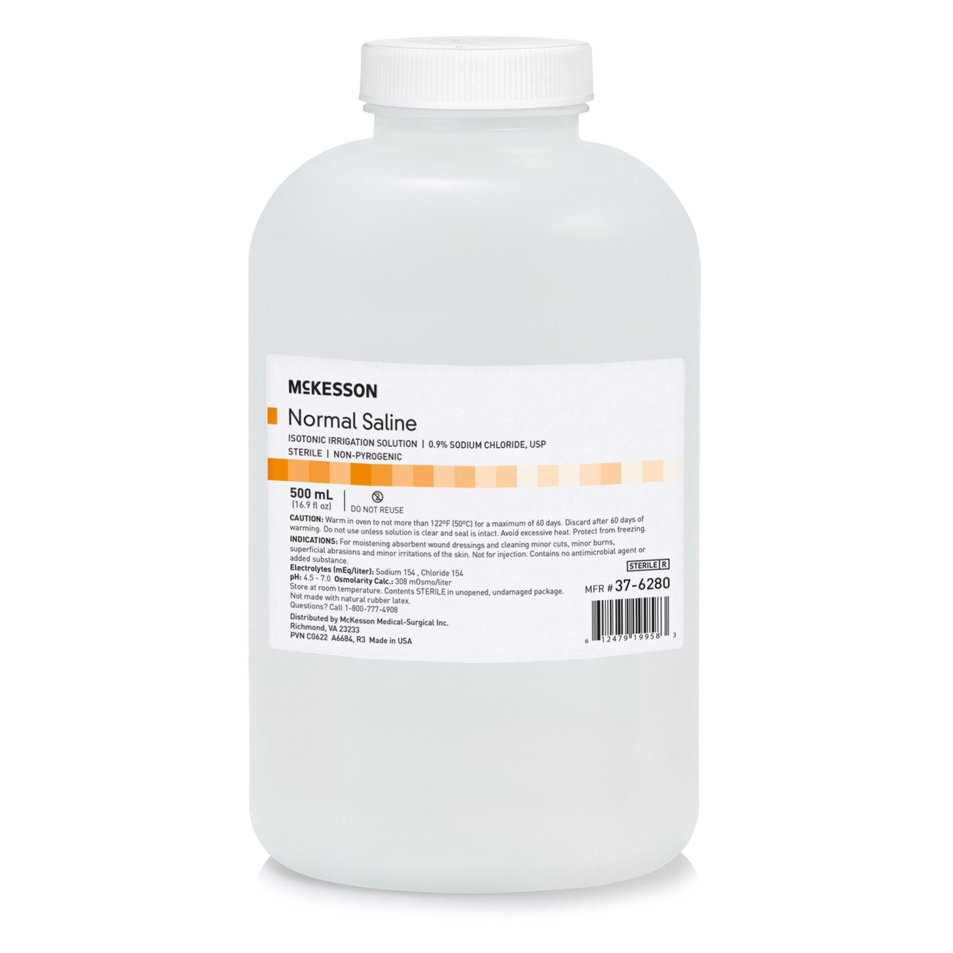 A bottle of mckesson normal saline. 500 ml bottle.