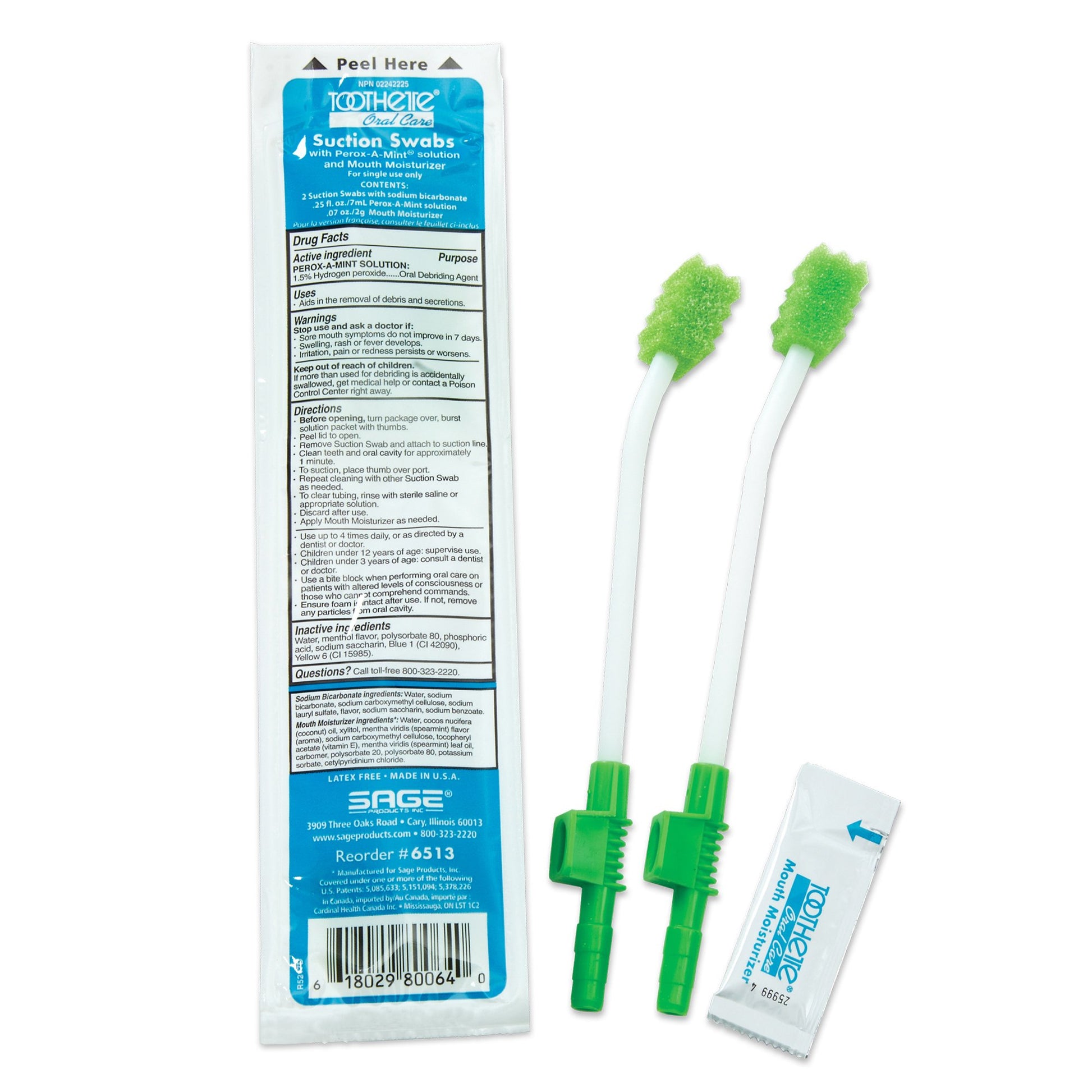 toothette swab skit includes 2 swabs with foam swab on one end and suction attachment on the other, and a packet of mouth moisturizer