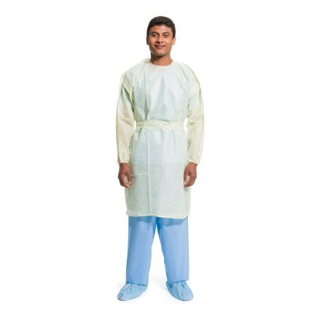 Disposable gown worn over a man. Ties around the waist. Covers down to knees.