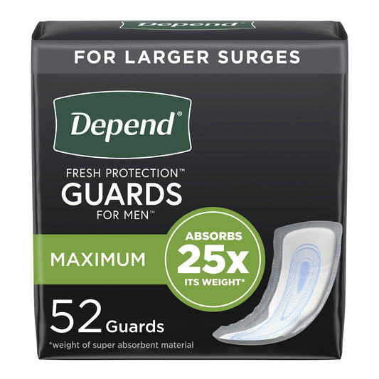 depend guards for men. maximum protection for larger surges. 52 guards per box. absorbs 25x its weight.