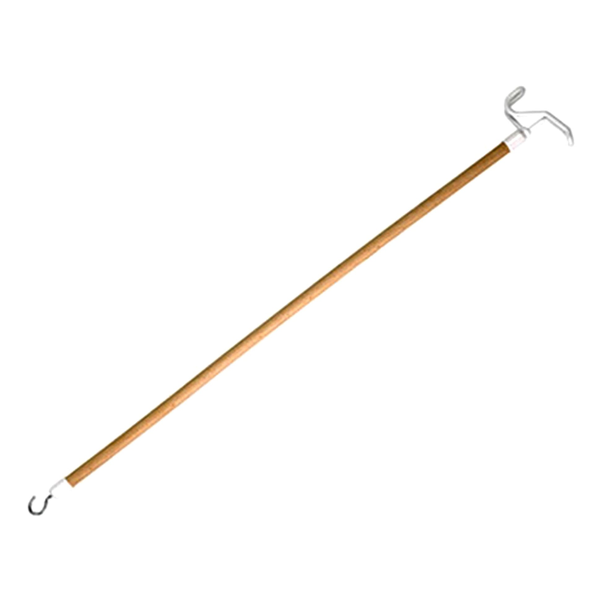 Brown stick with a hook on one end and pusher on the other end.