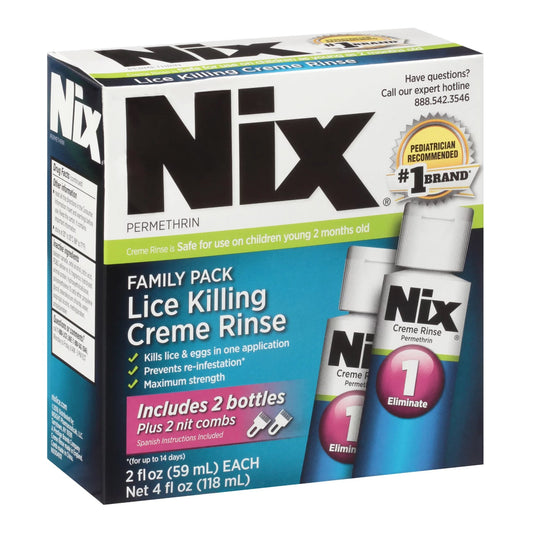 a box of mix lice killing creme rinse. Includes 2 bottles plus 2 nit combs. 2fl oz each.