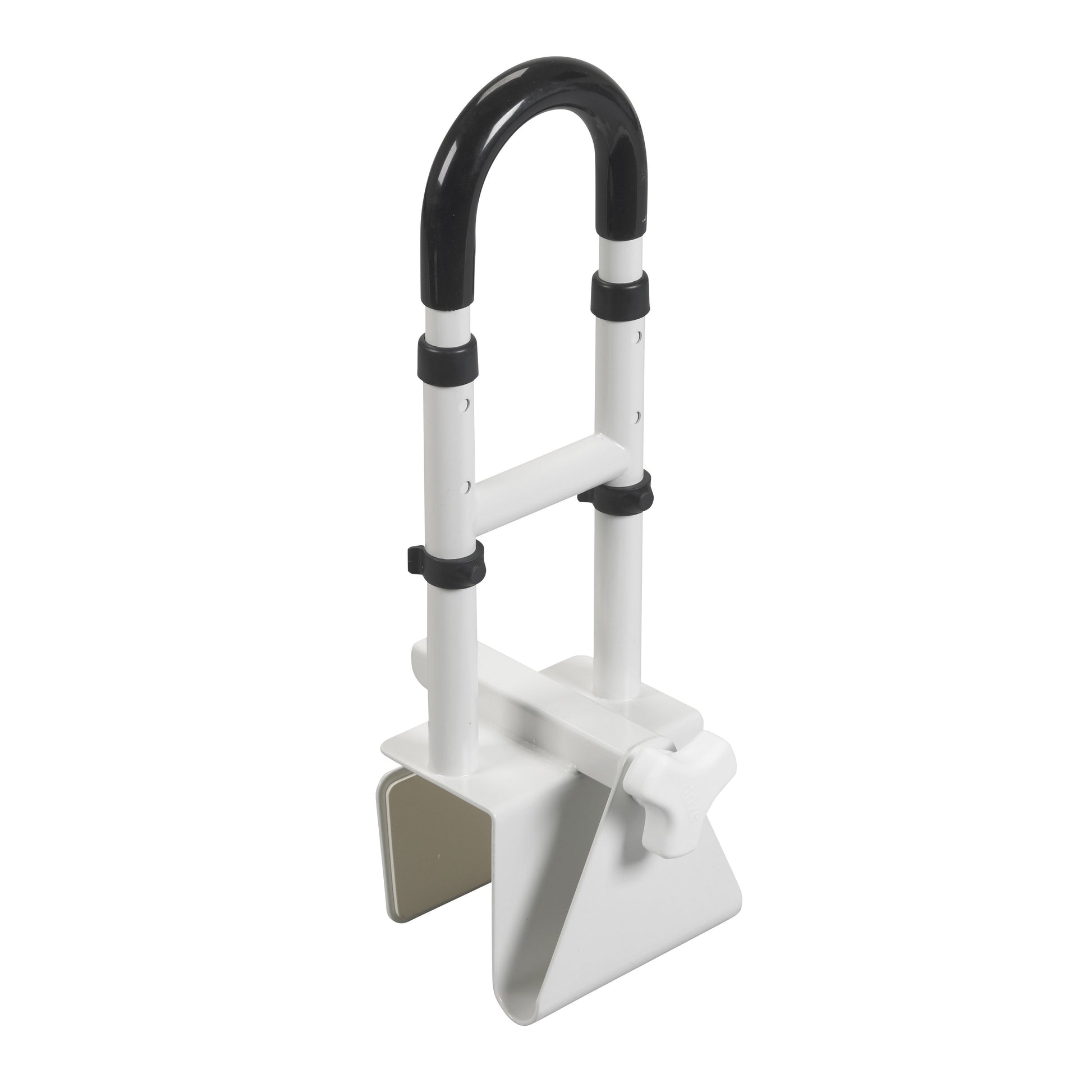 White and black bathtub grab bar. White steel. Locks onto bathtub. Tool free assembly.