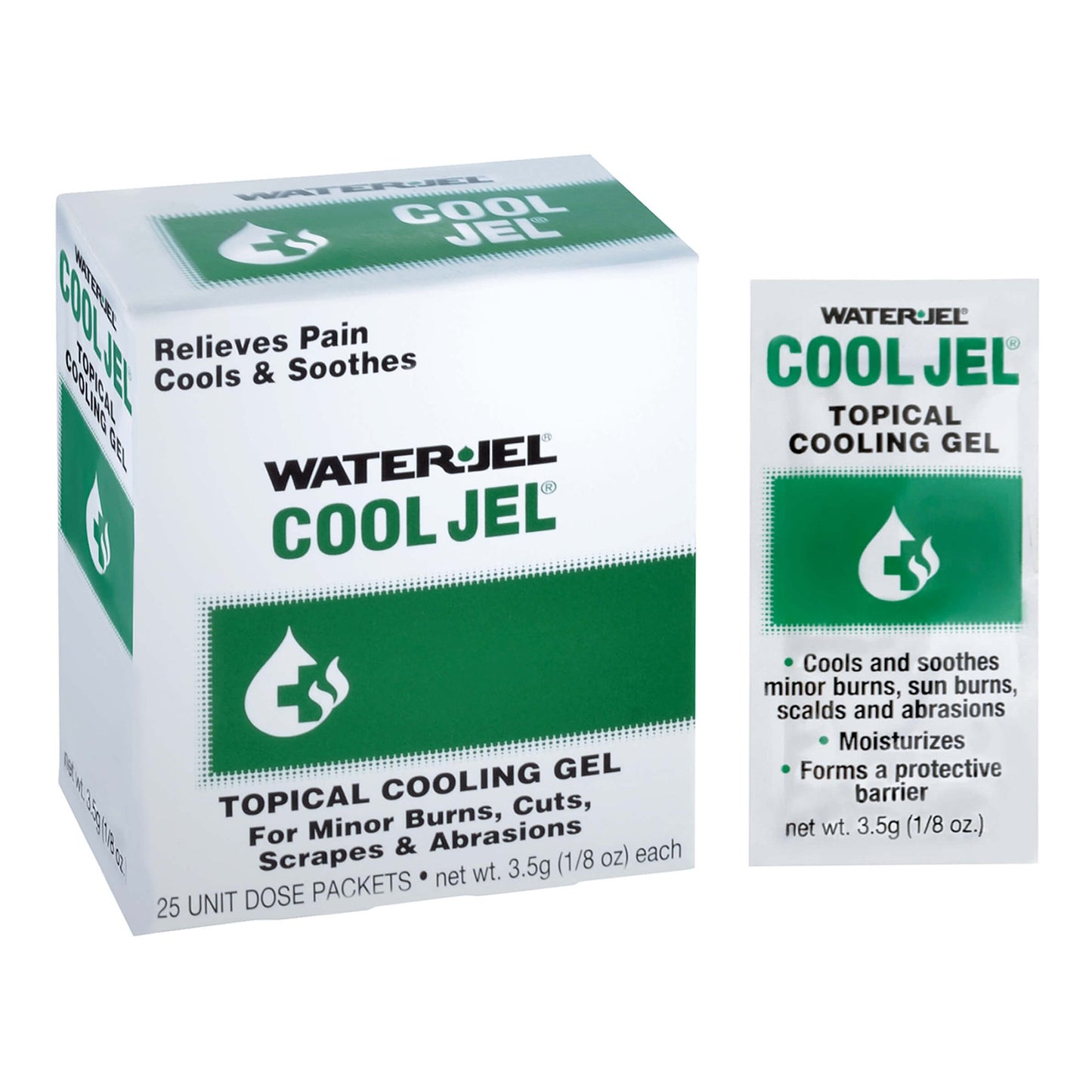 waterjel cool jel, green box. topical cooling gel. for minor burns, cuts, scrapes & abrasions. moisturizes, forms a protective barrier