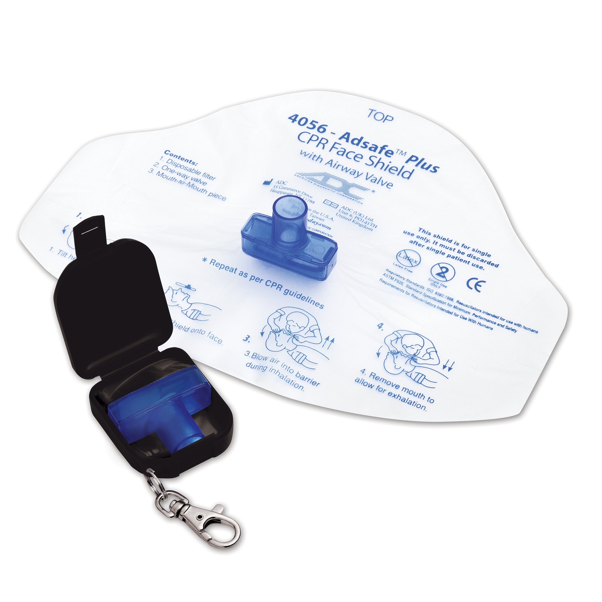 White CPR face shield with mouthpiece. Comes in a black portable case.